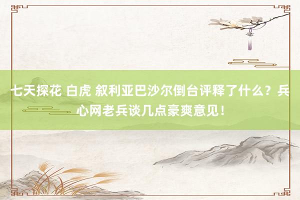 七天探花 白虎 叙利亚巴沙尔倒台评释了什么？兵心网老兵谈几点豪爽意见！